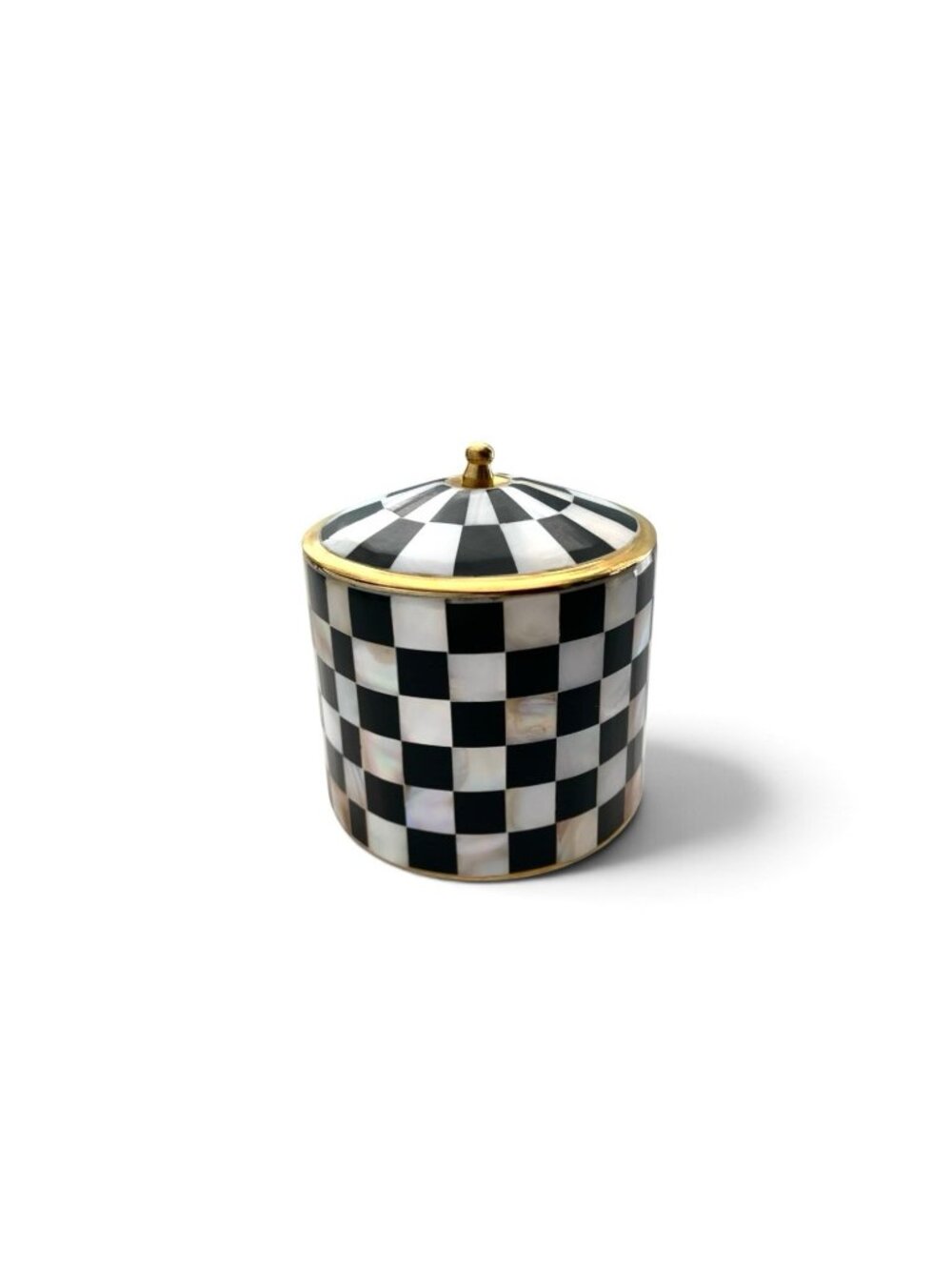 Jar Mother of Pearl Checkered Design Handmade Lidded Box with Shell Elegant Gift
